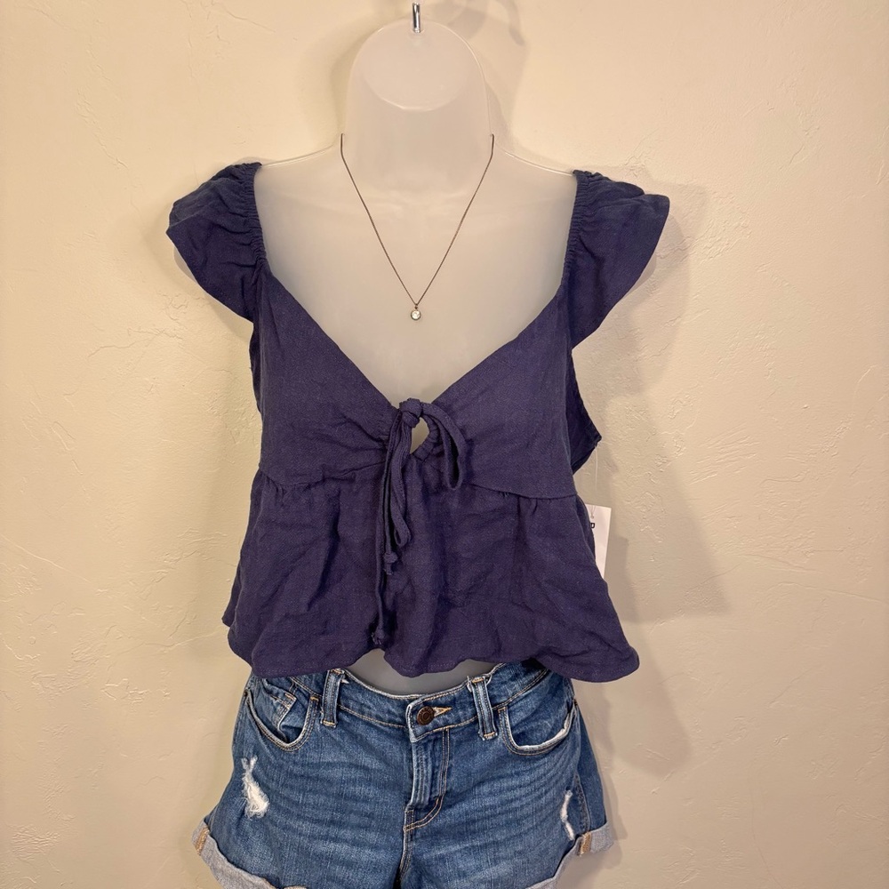 NWT LA Hearts Pacsun Keyhole Linen Navy Babydoll Top Size Medium
